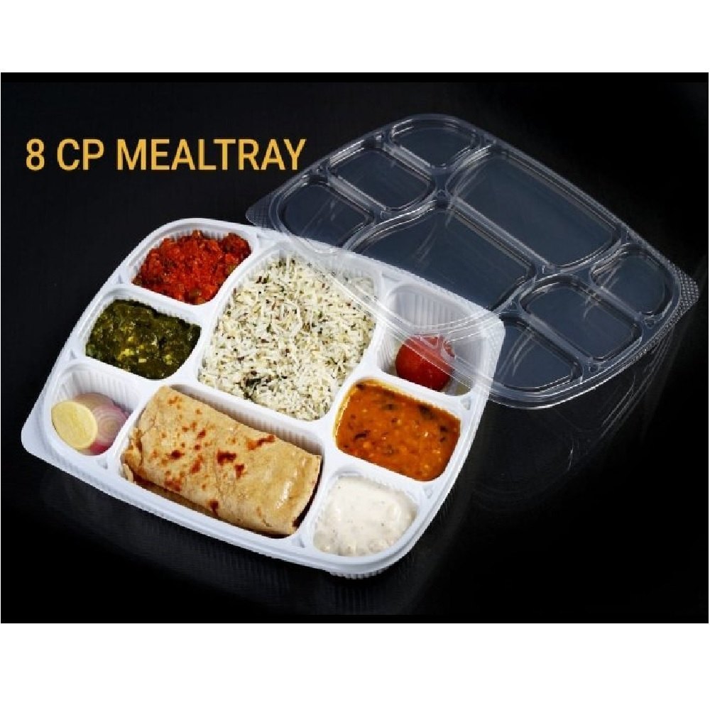 White 8 Compartments Plastic Meal Tray With Lid, 5mm