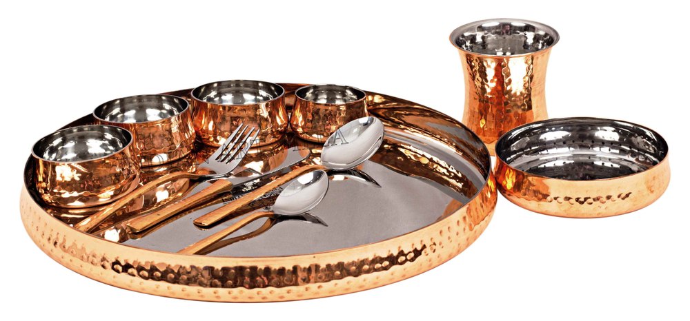 Indian Art Villa Steel Copper Hammered Curved 11 Piece Dinner Set, Size: 1.2 X 13.0(Inch)