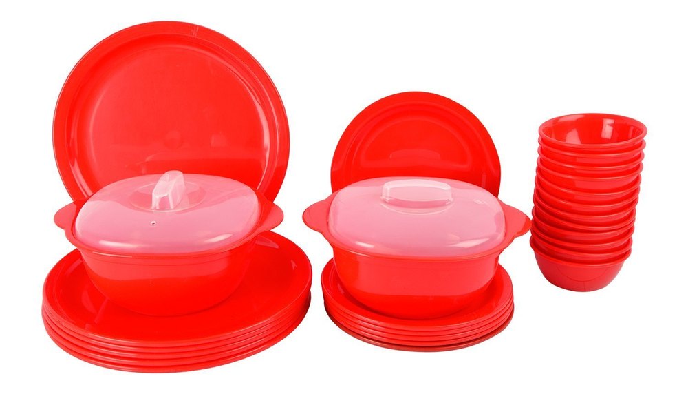 Life Plast Red, White Yellow And Blue Round Dinner Set 36 Pieces