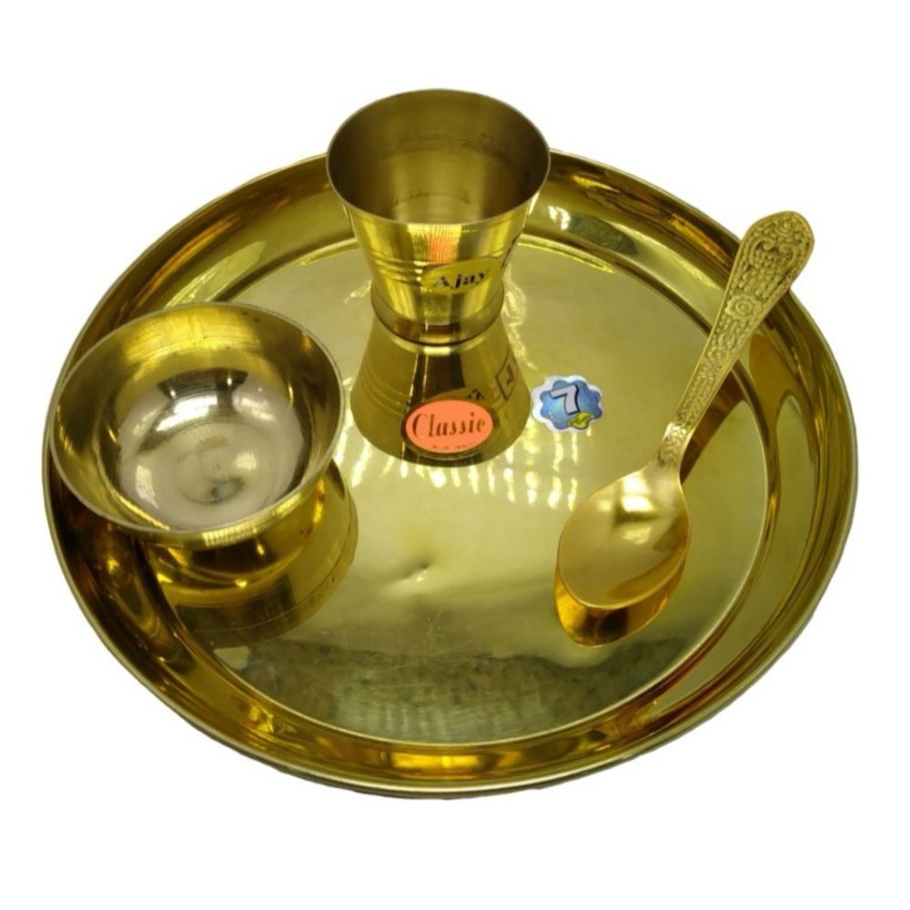 Brass 4 Pieces 7 inch Gold Plated Dinner Thali Set, Surface Finish: Polished