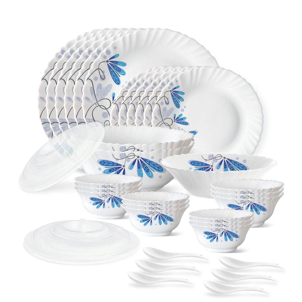 Larah by Borosil Twilight Silk Series Opalware Dinner Set, 35 Pieces, White