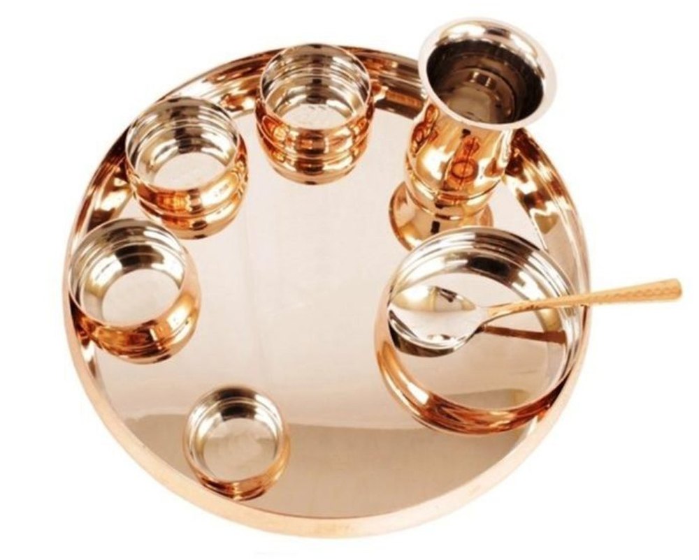 Kuvi Natural Copper Dinner Thali Set Classic, For Home, 8