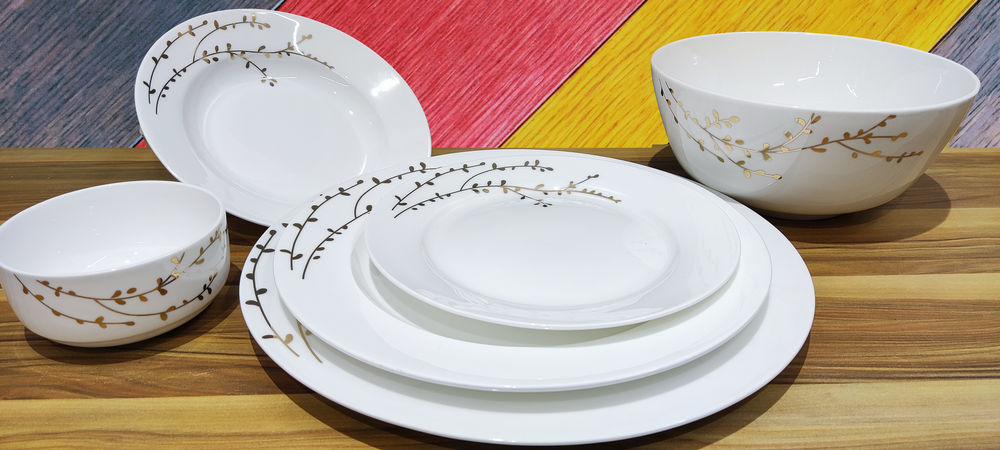 Bone China Dinner Set , Golden Leaf, For Home, 32 img