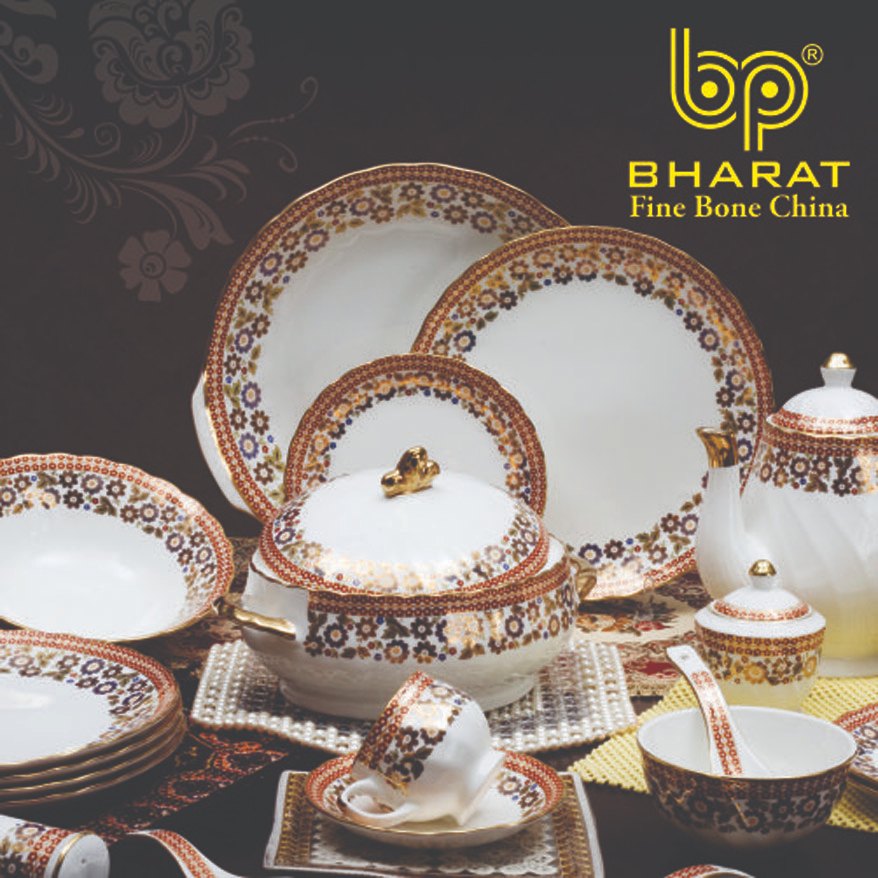 White (Base Color) Bharat Bone China Dinner Set, for Home, Hotel and Restaurant, Packaging Type: Box