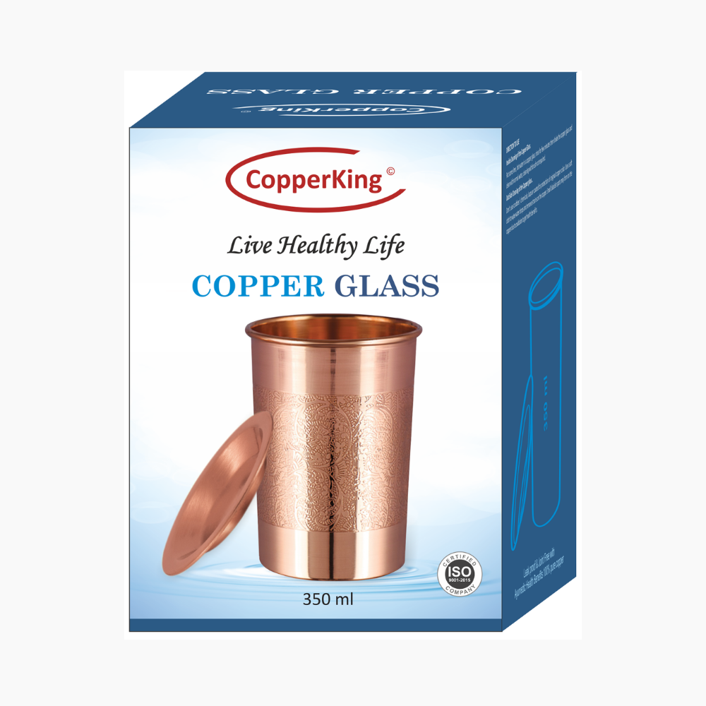 Cylindrical CopperKing Embossed Design Copper Glass Tumbler with Coster - 350ml, For Storage/Drinking Water