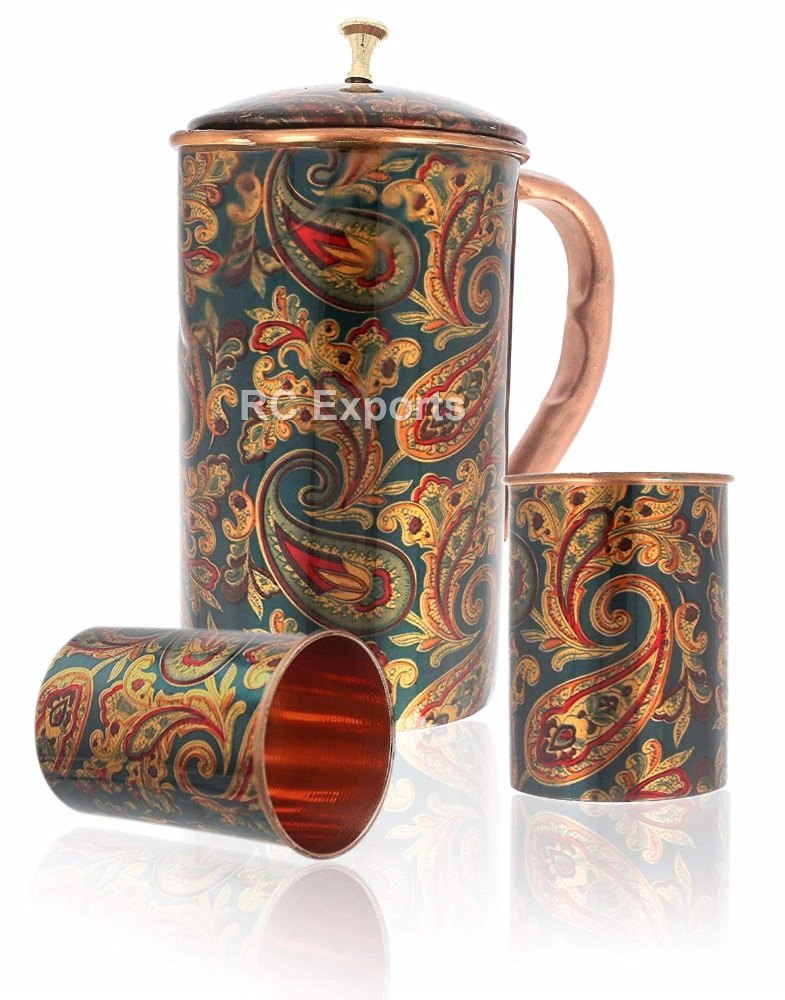 Round Modrern Art Printed Copper Jug And Glass Set, Capacity: 2 Ltr, Size: 10 X 4 Inch (H X Dia)