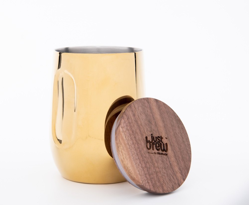 SS Round Tumbler with Gold pvd and maple wooden lid, For Home, Size: 300ml img