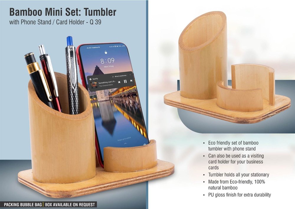 Brown Wooden Bamboo Mini Set: Tumbler With Phone Stand / Card Holder img