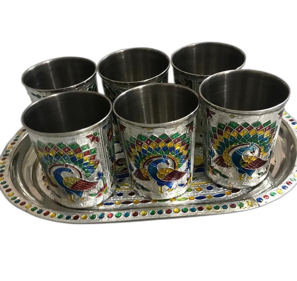 Meenakari Work Aluminum Glass Tray Set, For Home, Shape: Oval img