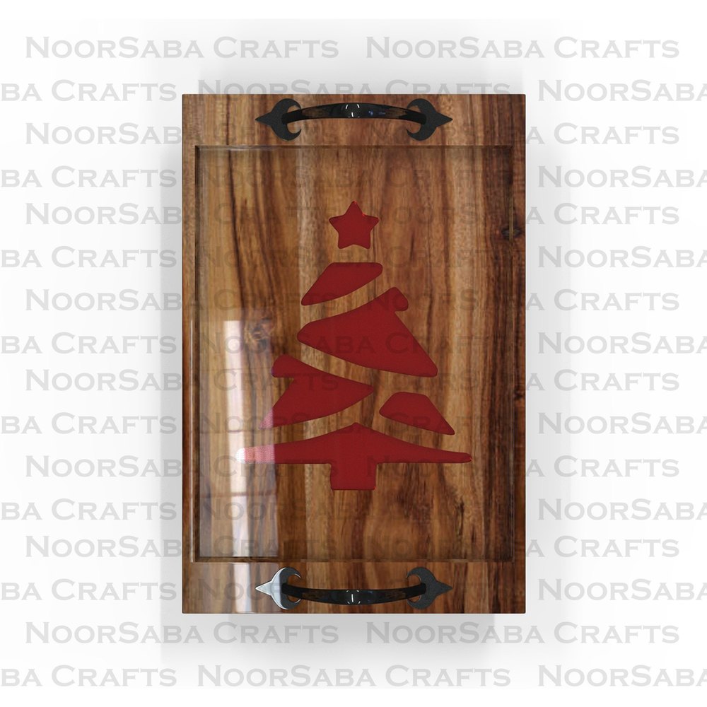 Rectangular Brown Christmas Tree Printed Wooden Tray, Size: 20 X 13.2 X 4 Inch img