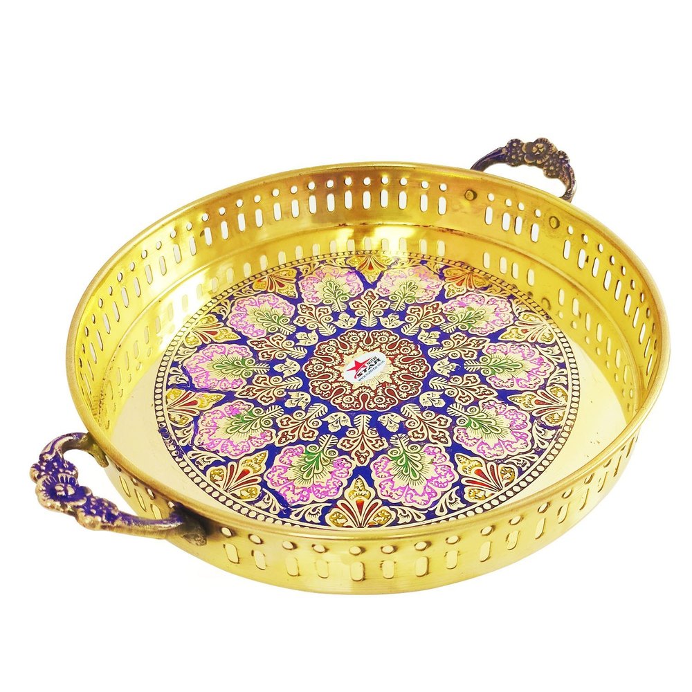 Brass Tray, Fruit Tray Plate Meenakri Work And Handles.Brass Gift Items For Marriage Gift