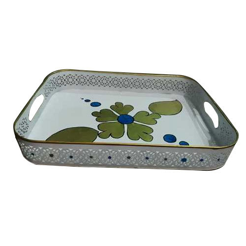 White Base Printed Brass Serving Tray, Shape: Rectangle, Size: 6 Inch X 10 Inch