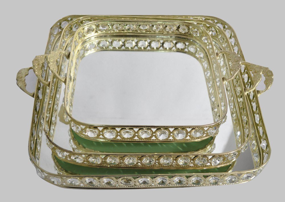 Golden Brass Tray Set, Shape: Rectangle, Size: 8, 12 And 14 Inch