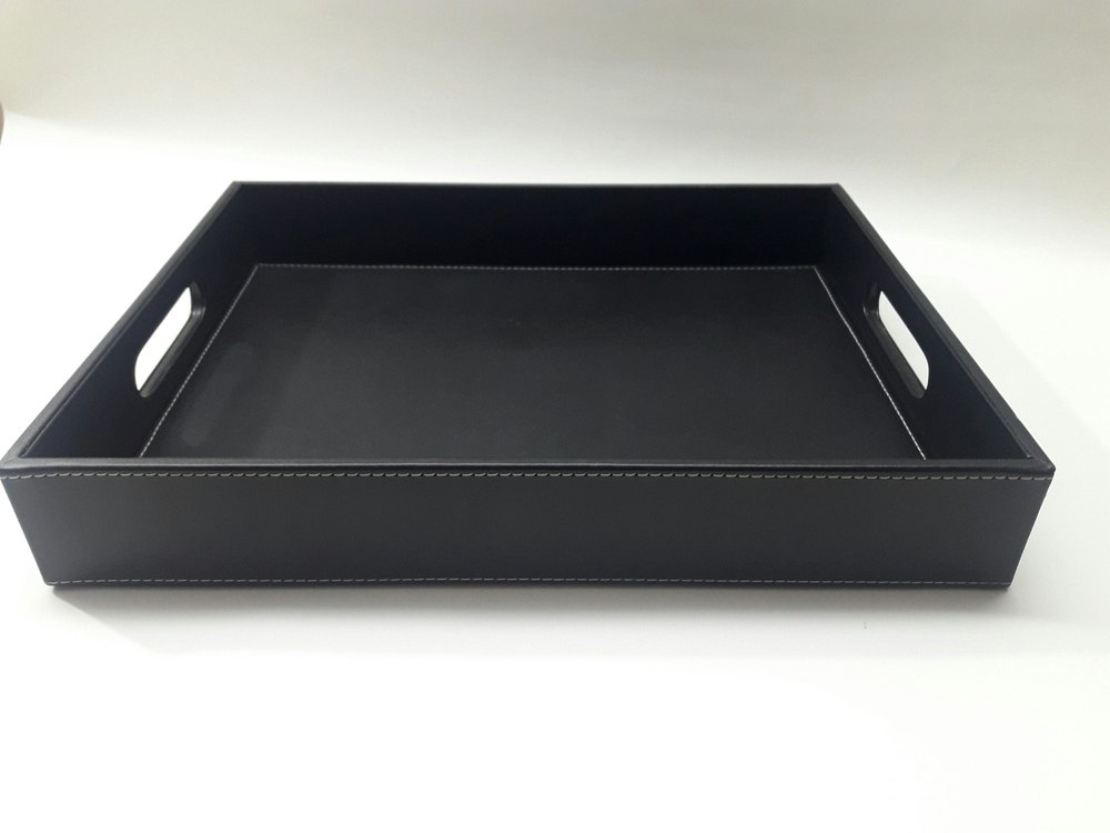 Black Leatherette Welcome Tray With Cut Handle, 15 X 12 X 2 Inch (l X W X H)