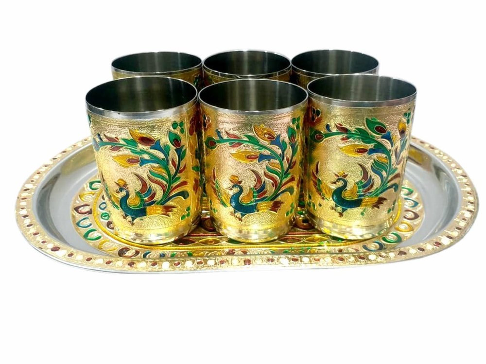 Stainless Steel Meenakari Peacock Glass Tray Set, For Home, Shape: Oval