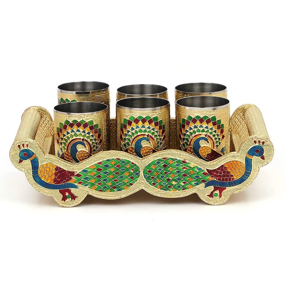 Wood And Alloy Steel Meenakari Peacock Glass Serving Tray Set, For Hotel