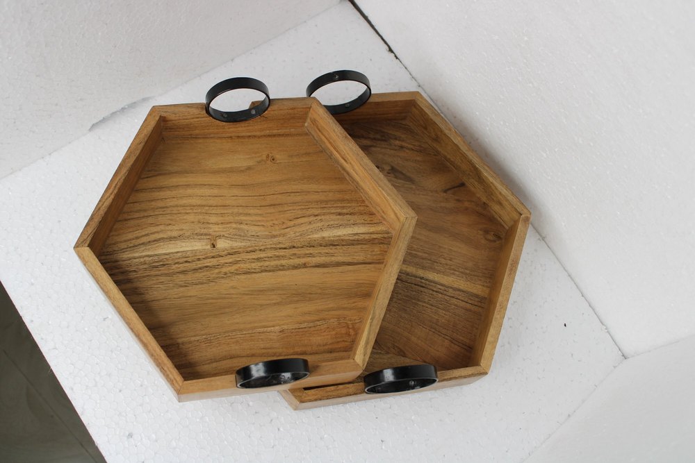 Acaia Wood Tray Set-2 ( Iron Handles ), Shape: Hexagon, Size: 12x12x2.5 Inches