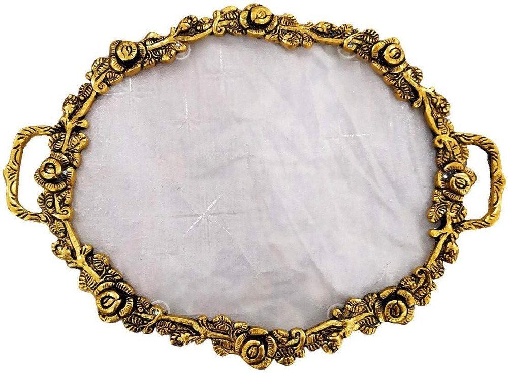 Metal Golden Gold Plated Oval Shape Serving Tray, For Gifting, Size: 16.5 X 11.5 Inc