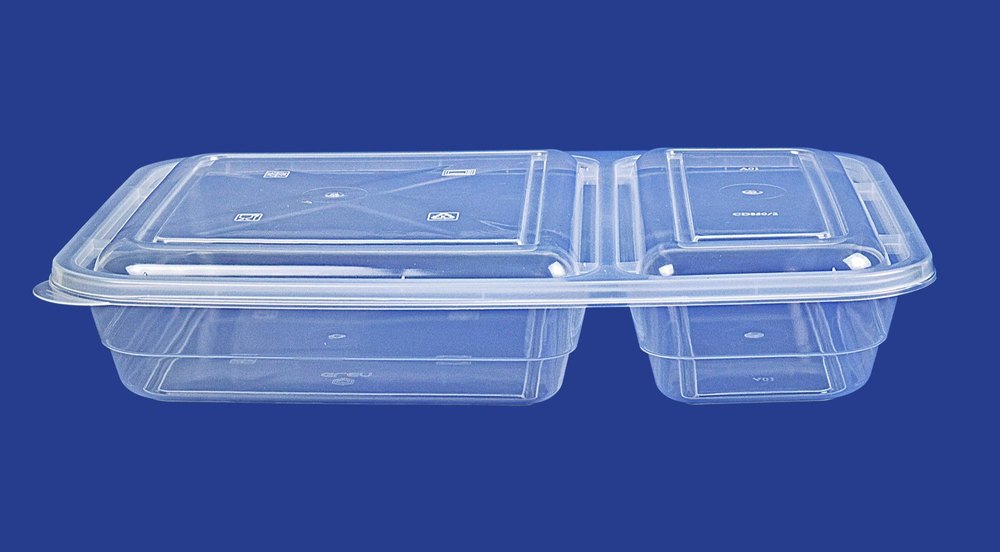 Plastic 2 Compartment Food Packaging Tray, Rectangle, Size: 224mmX154mmx43mm