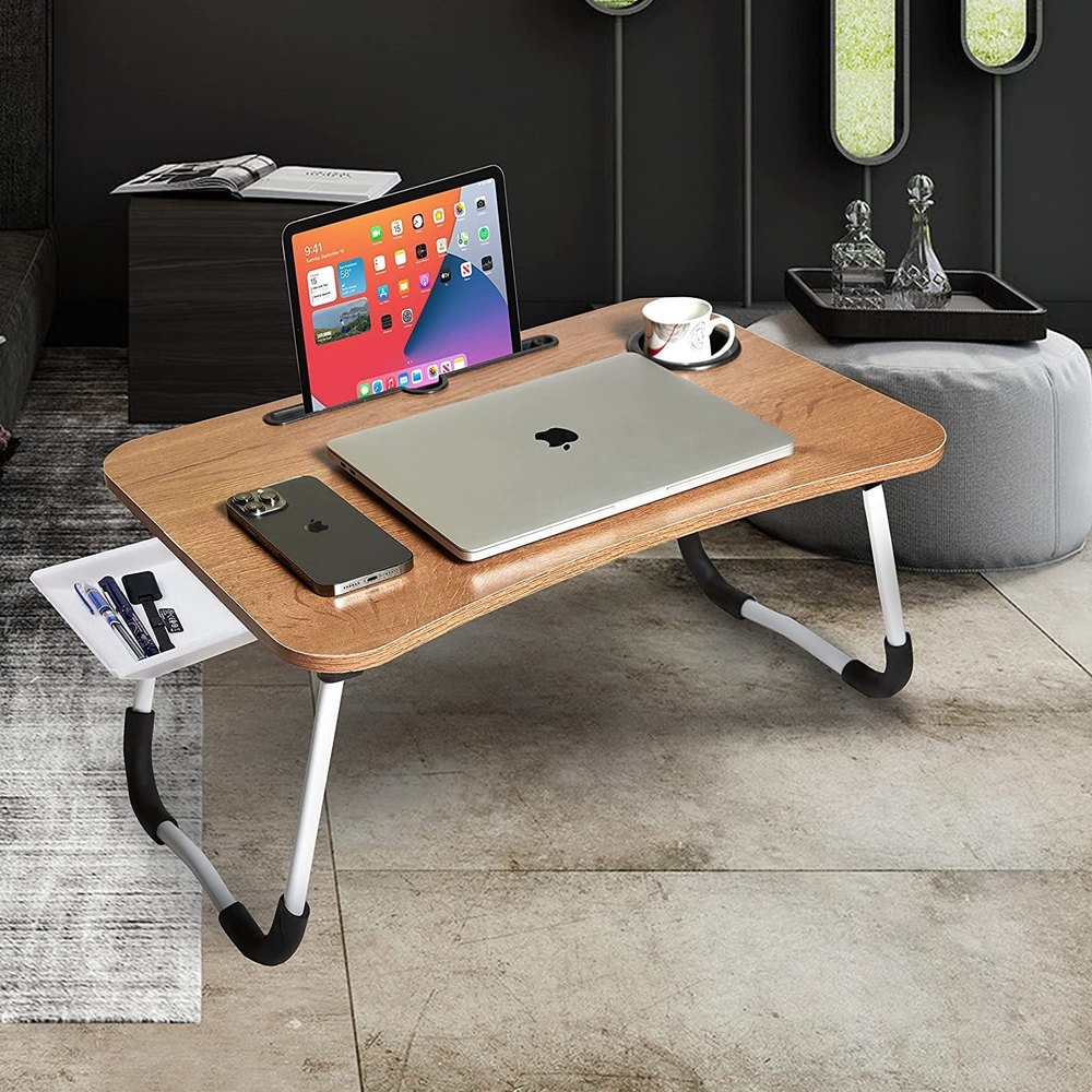 Wooden Laptop Desk for Bed with Cup Holder & Drawer, Portable & Foldable