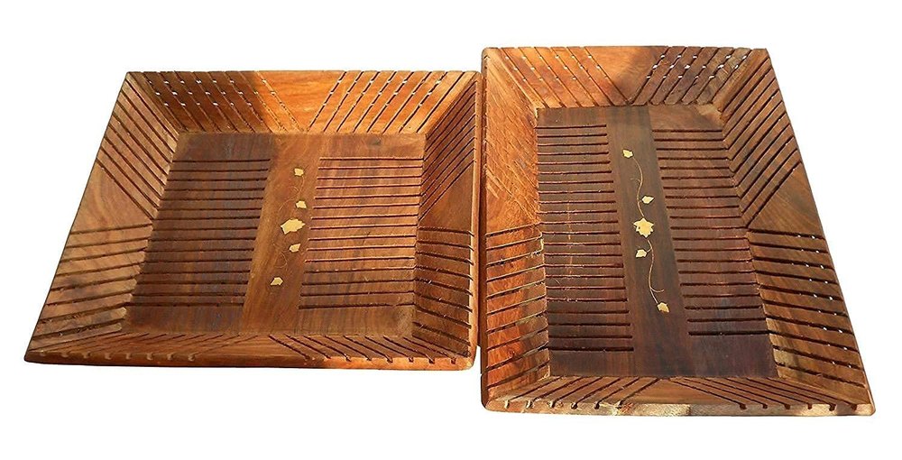 Wooden Coffee Tray Set Of 2 - Handcrafted Serving Platters For Home Decor Natural Wood