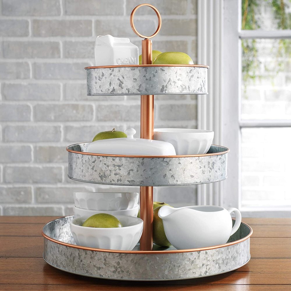 Farmhouse Style Copper Rim - Rustic Kitchen Vintage Galvanized 3 Tier Serving Tray img