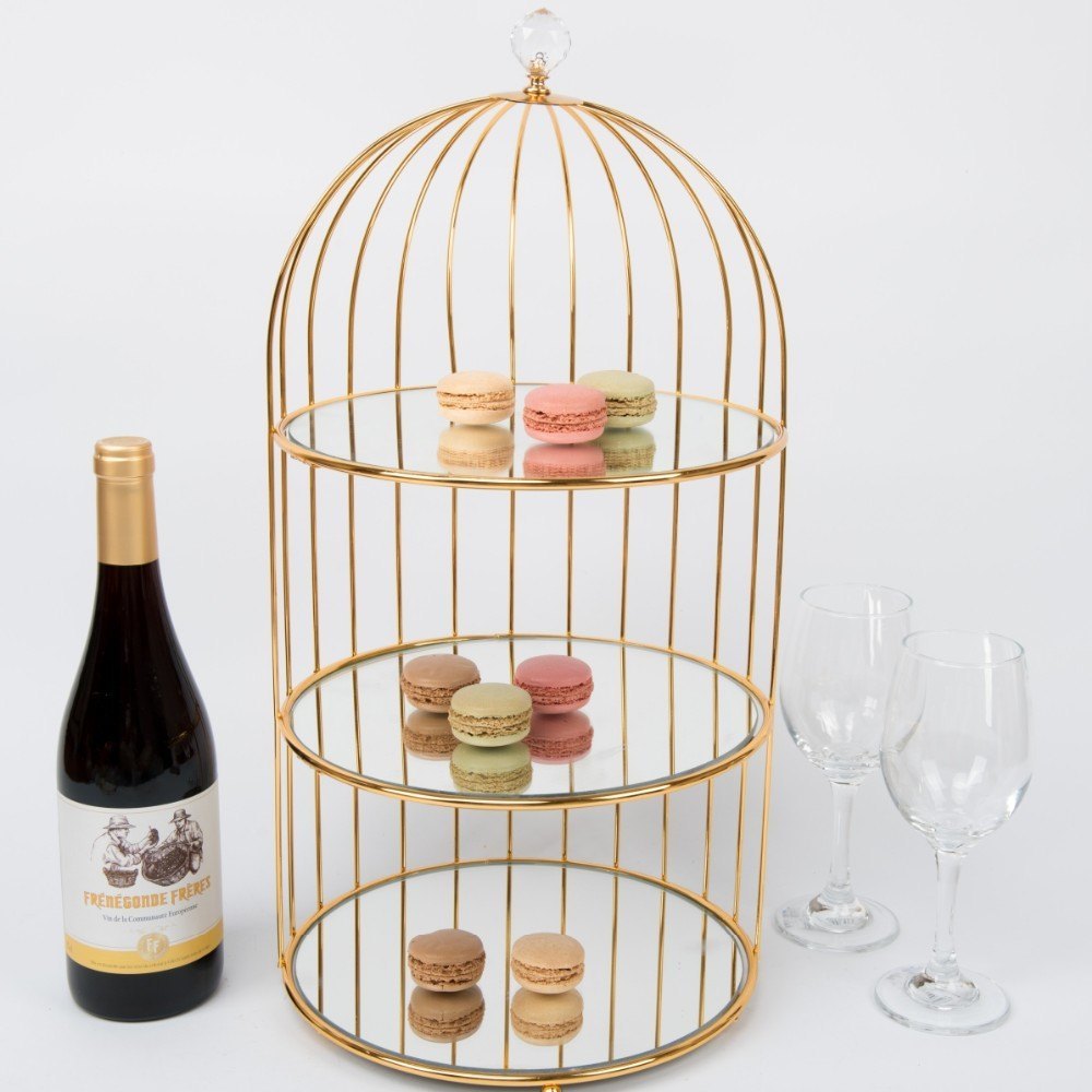 Modern Metal Birdcage 3 Tire Mirrored Wedding Cake Stand Gold Tea Tools Cake Stand Holder img