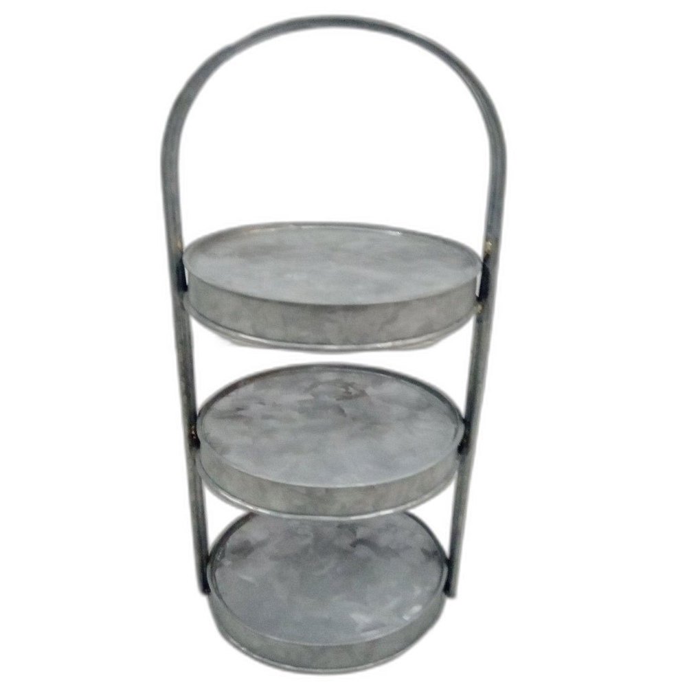 For Home Silver Round Three Tiered Galvanized Tray, Size: 8inch img