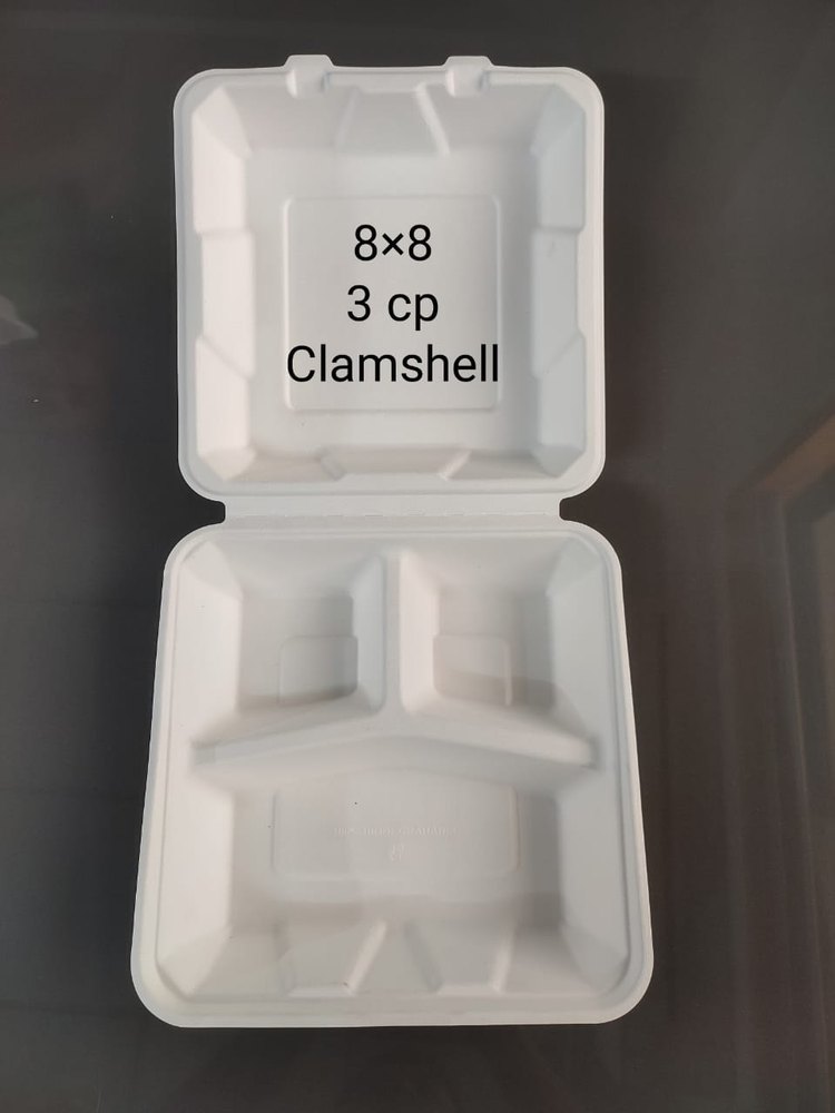 8 x 8 3CP Clamshell Sugarcane Baggase Bleached Biodegradable Disposable Plate