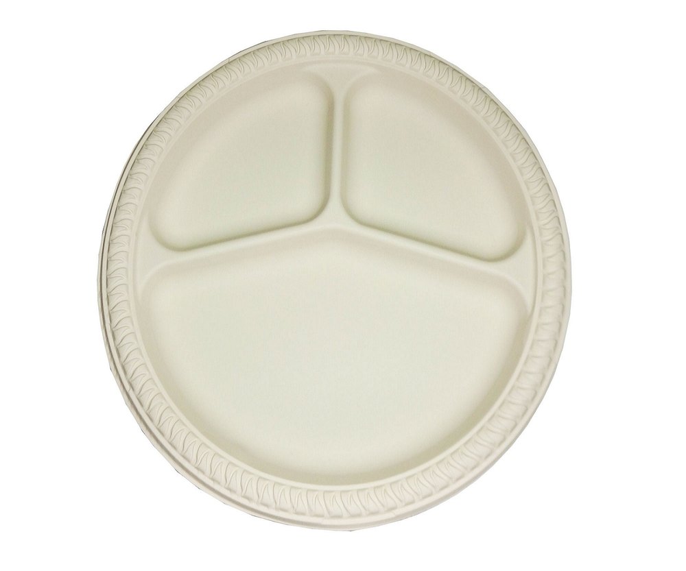 White Plain 10 Inch 3 Compartment Biodegradable Plate
