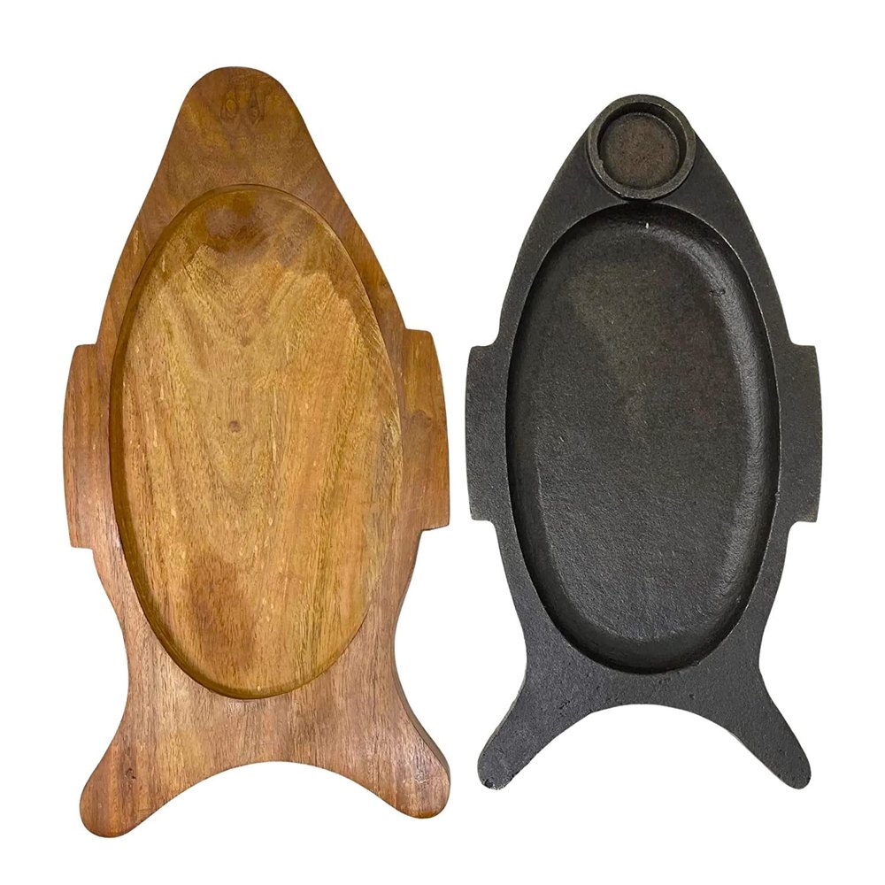 Brown Plain Sizzler Plate With Wooden Base, Fish For Restaurant