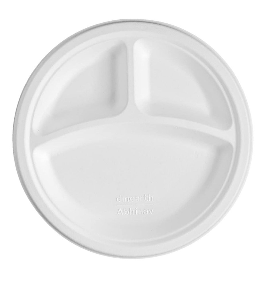 Plain Square Bagasse White 9 Inch 3 Compartment Round Plate, For Restaurant
