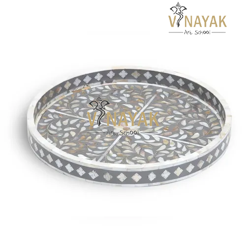 vinayak handicraft White MOTHER OF PEARL INLAY ROUND TRAY GREY COLOR - VAS105, For Hotel