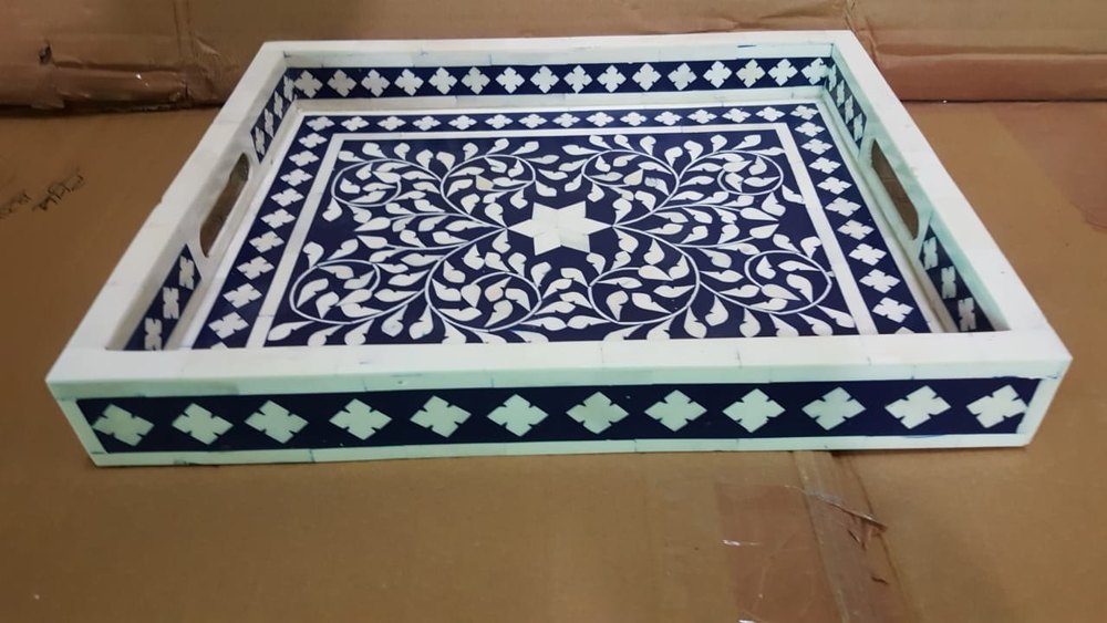 Blue Rectangular Bone Inlay Tray, For Home, Size: 14x18