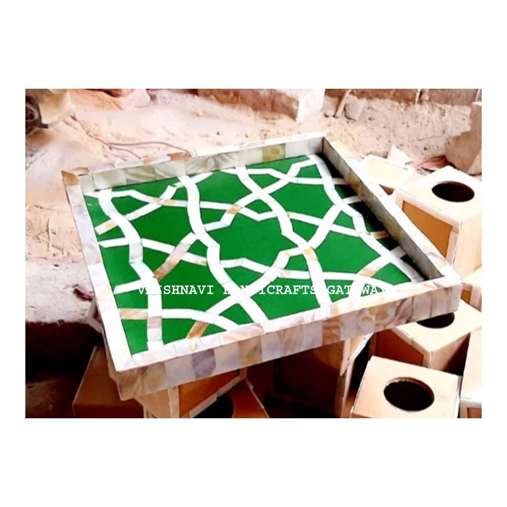 Luxury Handmade Green And White Sea Shell Mother Of Pearl Bone Inlay Square Shape Tray img