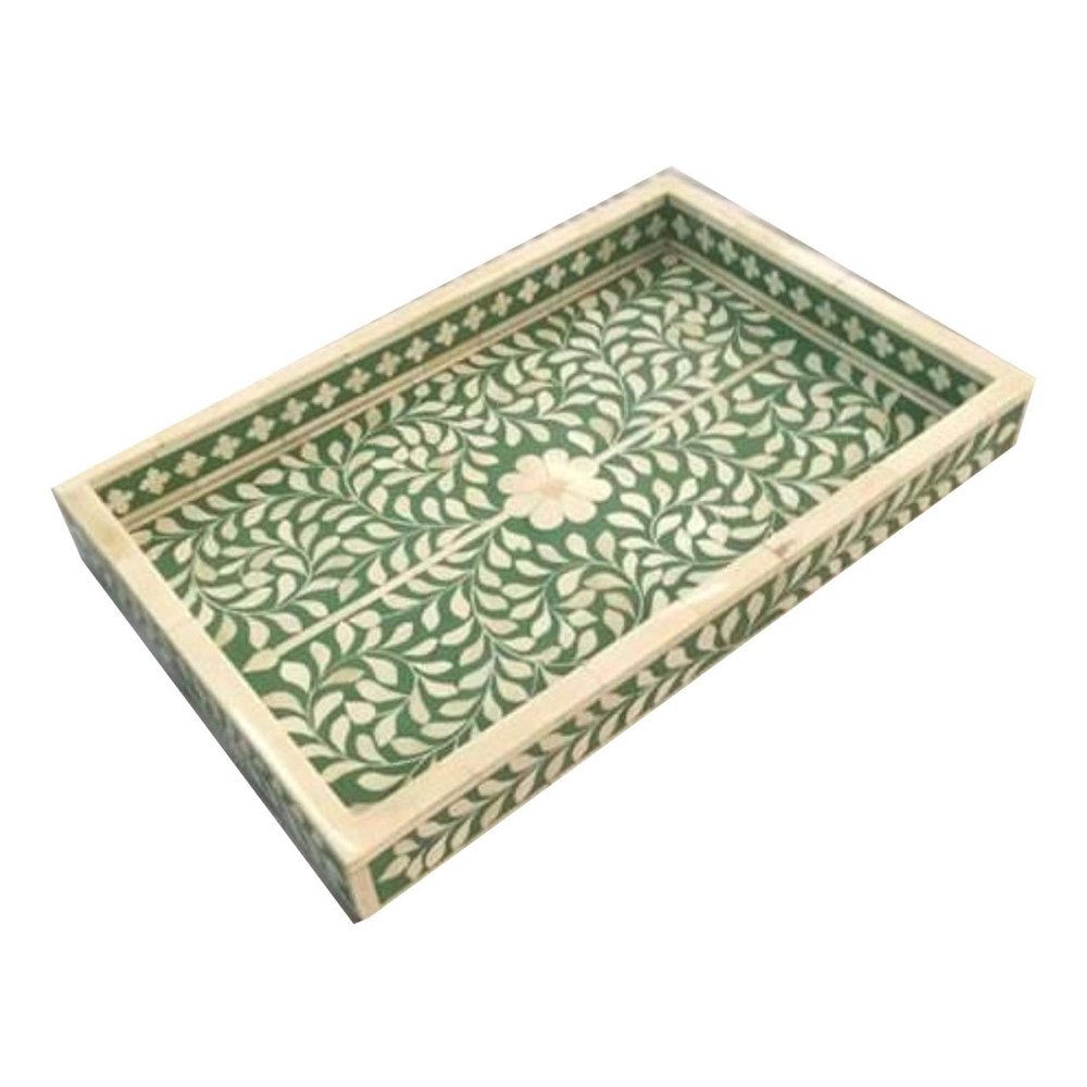 Printed Bone Inlay Green Serving Tray, For Home, Shape: Rectangle