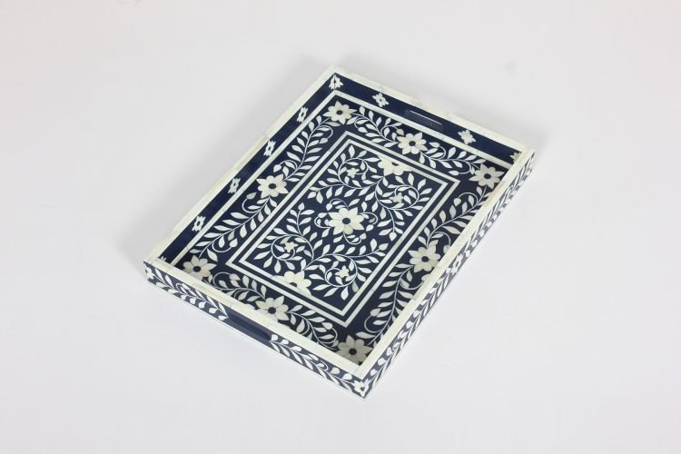 M.H.Q HANDICRAFTS Printed Blue & White Bone Inlay Tray, For Home, Size: 17x14x2