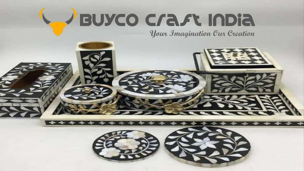Black and White Buyco Bone Inlay MOP Tray With Serving Kitchen Set, For Restaurant