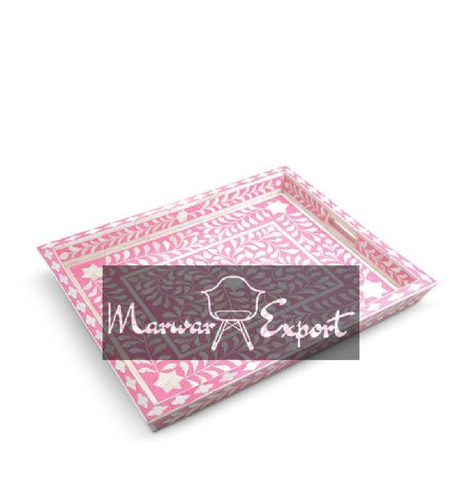 Matte Pink And white Bone Inlay Wooden Handicraft Serving Tray, For Event, Size: 6x9cm