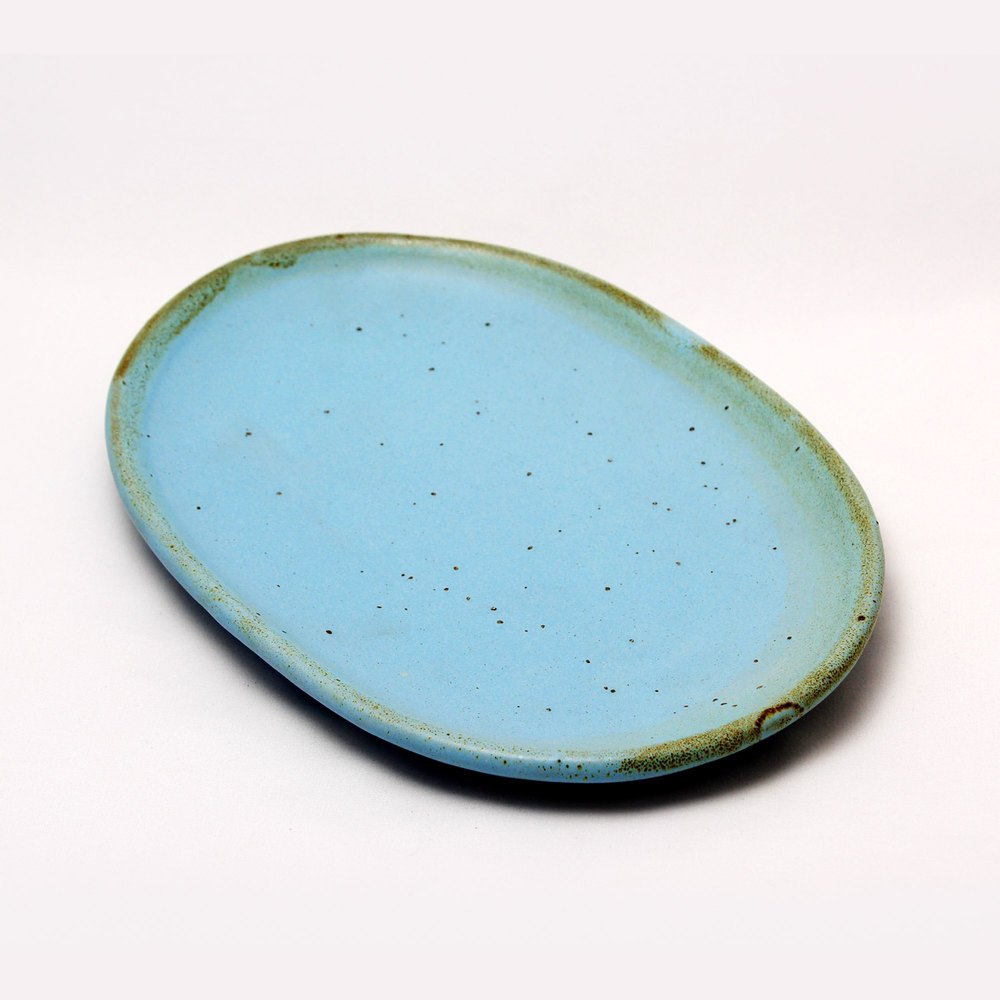 Sky Blue Plain Ceramic Oval Plate, For Kitchenware