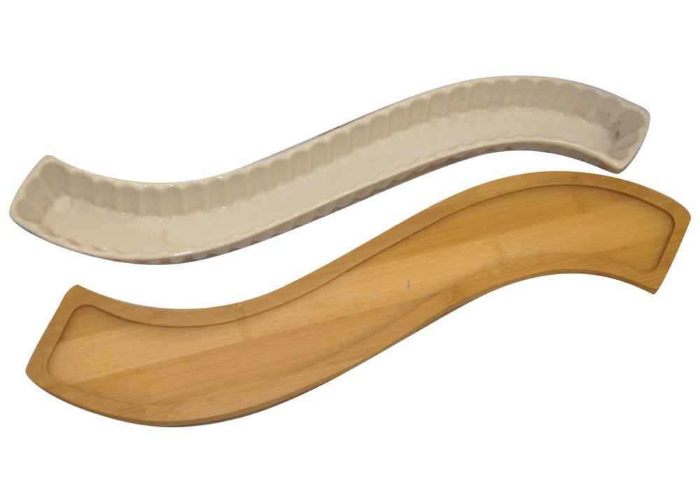 Brown And Ivory Wooden And ABS Plastic Curve Shape Platter, Size: 12 Inch
