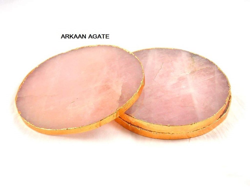 Pink Round Rose Quartz Tea Coasters With Gold Platted, Size: 3-5 Inch img