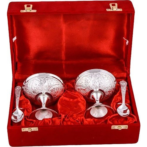 RC Exports Silver Metal Dessert Bowl With Spoon Gift Set