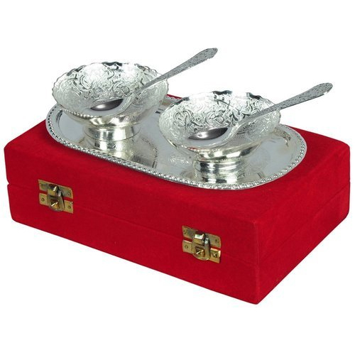 Aluminum 2 Bowl + 2 Spoon + 1 Tray Silver Plated Wedding Gift Set