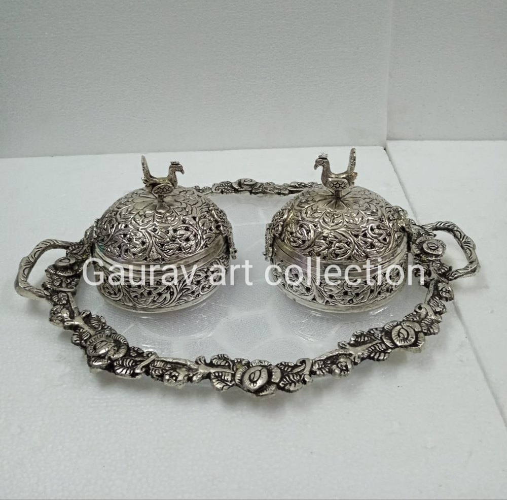 Silver Plated Metal Dry Fruit Bowl With Tray Combo Set For Wedding Gift