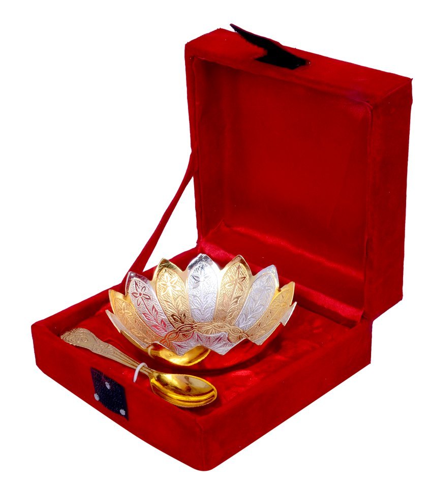 Normal lotus flower shape Anand Crafts Silver And Gold Plated German Silver Bowl Spoon