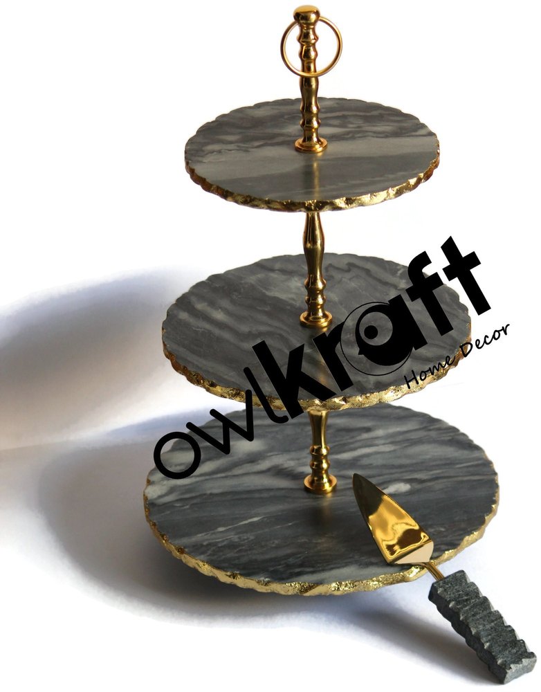 OwlKraft 3-tier Handmade Gray Marble Cake Stand with Gold Finish img