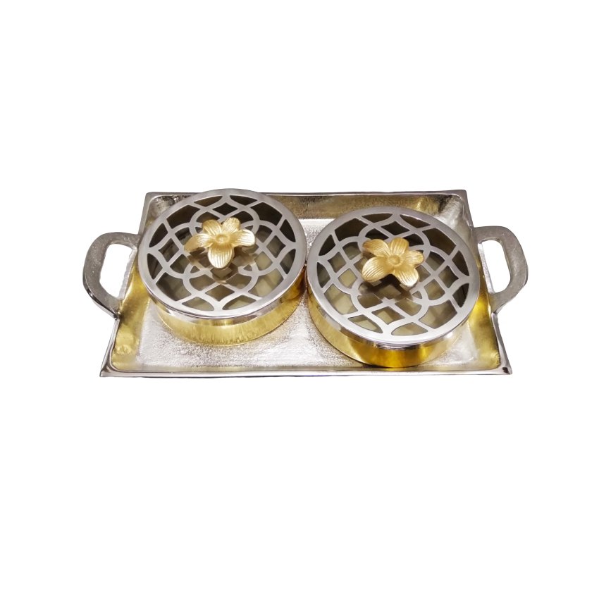 2 Jar And 1 Tray Silver & Gold Cookies serving set, Rectangle, Size: 15inch X 8inch img