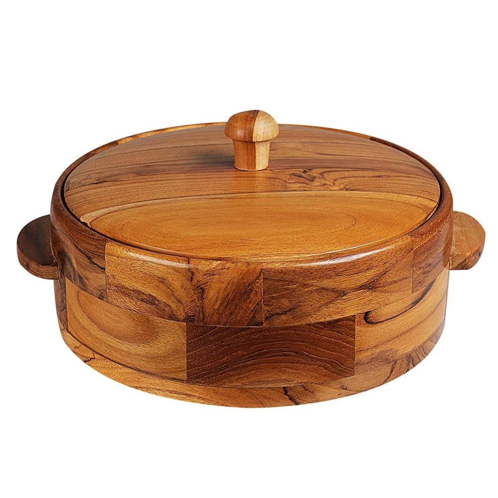 WOODENIBIS Brown Teak Wood Chapati Box/ Roti Box/ Wooden Casserole, For Home/Hotels