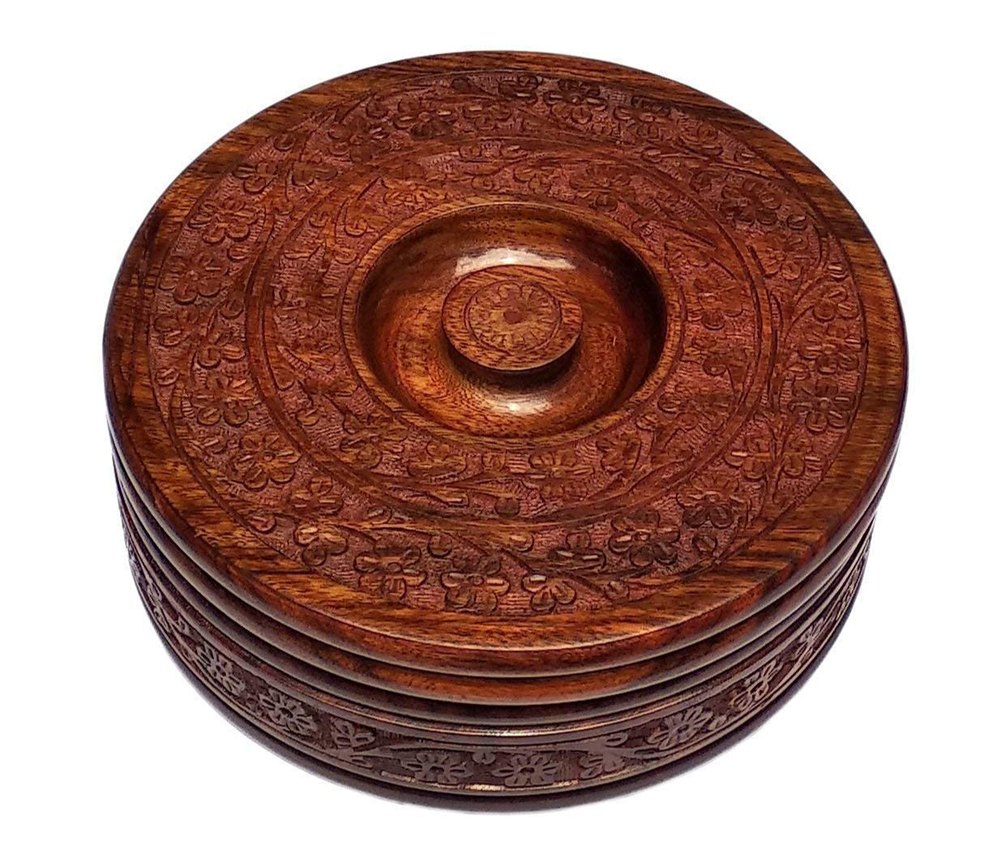 Brown Round Wooden Chapati Box Made in RoseWood for Serving Chapati, For Kitchen img